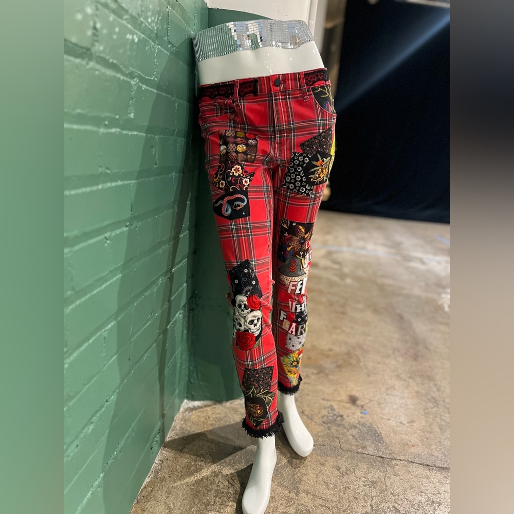 Fears red plaid patchwork upcycled pants custom